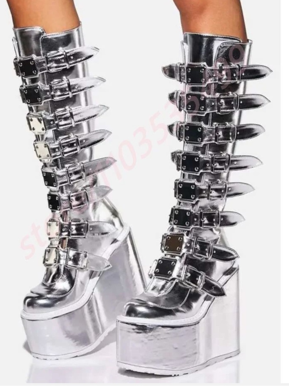 Demonia x Dolls Kill Liquid Silver Trinity Boots (Swing-815) Size 9